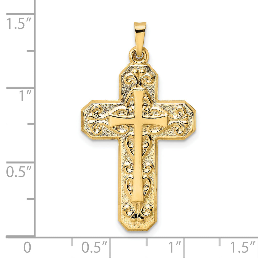 14K Gold Scroll Design Double Cross Pendant