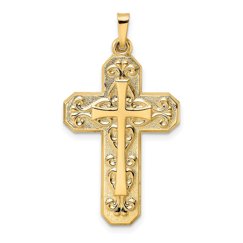 14K Gold Scroll Design Double Cross Pendant