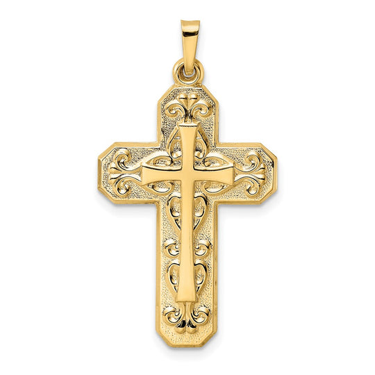 14K Gold Scroll Design Double Cross Pendant