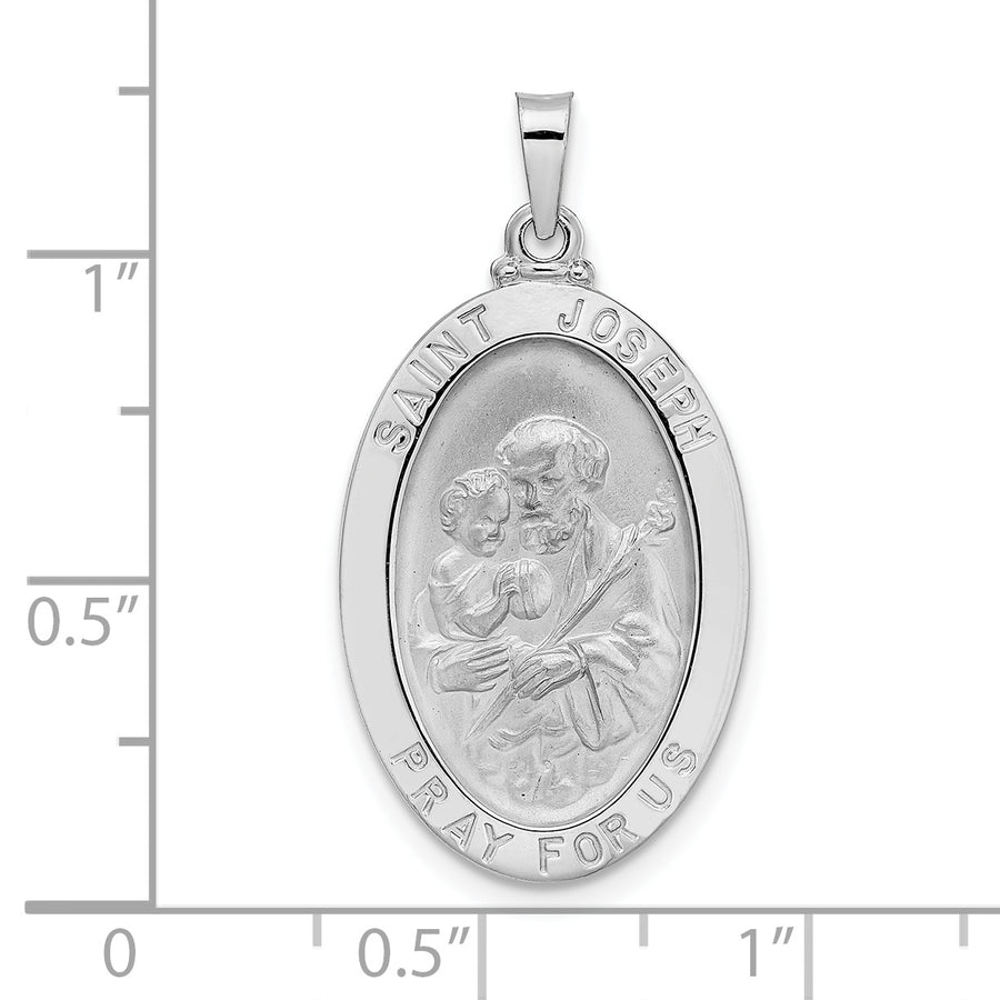 Medalla Ovalada de San José en Oro Blanco de 14k Pulido y Sólido