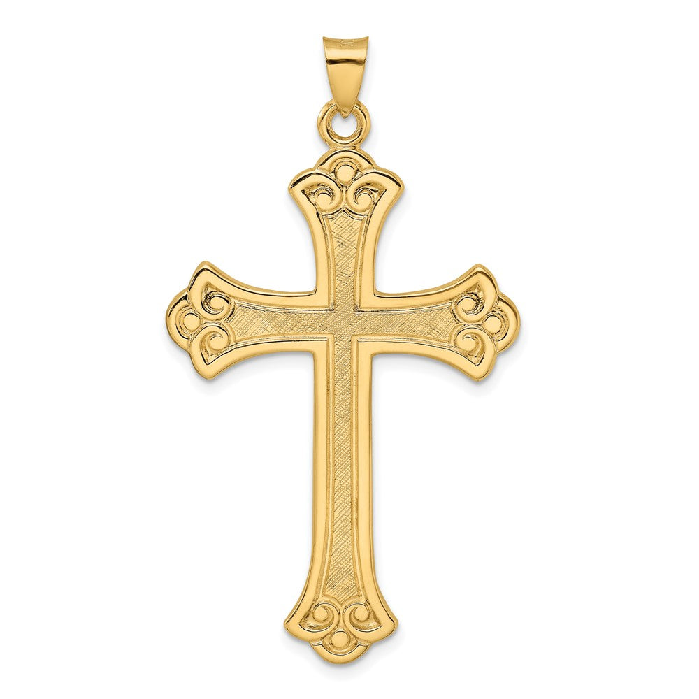Solid 14K Polished and Textured Fleur de Lis Cross Pendant