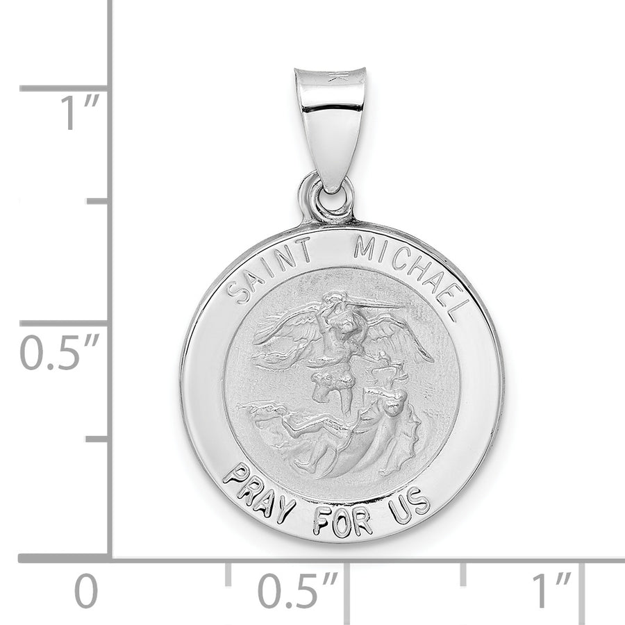 Dije Medalla de San Miguel en Oro Blanco de 14k Pulido y Satinado (Hueco)
