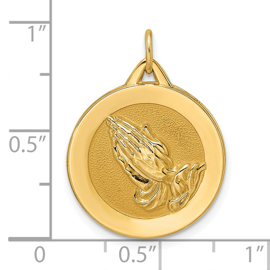 Dije Disco de Manos en Oración en Oro Amarillo de 14k Pulido y Satinado