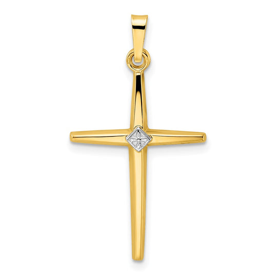 Solid 14K Polished Bi-Color Diamond Center Cross Pendant