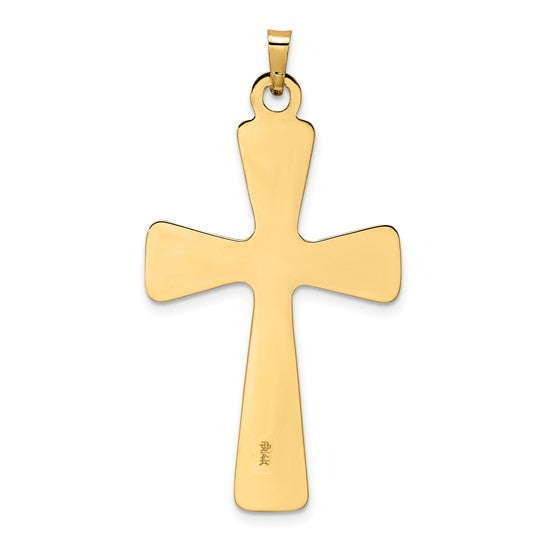 Solid Cross Pendant with Center Flower in Polished 14k Gold