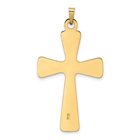 Solid Cross Pendant with Center Flower in Polished 14k Gold