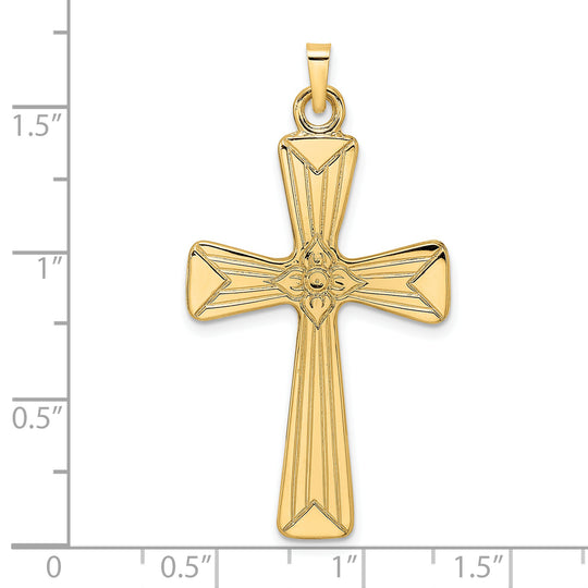 Solid Cross Pendant with Center Flower in Polished 14k Gold