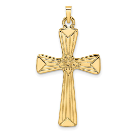 Solid Cross Pendant with Center Flower in Polished 14k Gold