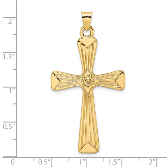 Colgante de Cruz Sólida con Flor en el Centro en Oro Amarillo de 14k