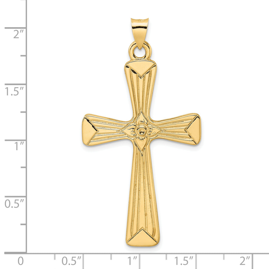 Colgante de Cruz Sólida con Flor en el Centro en Oro Amarillo de 14k