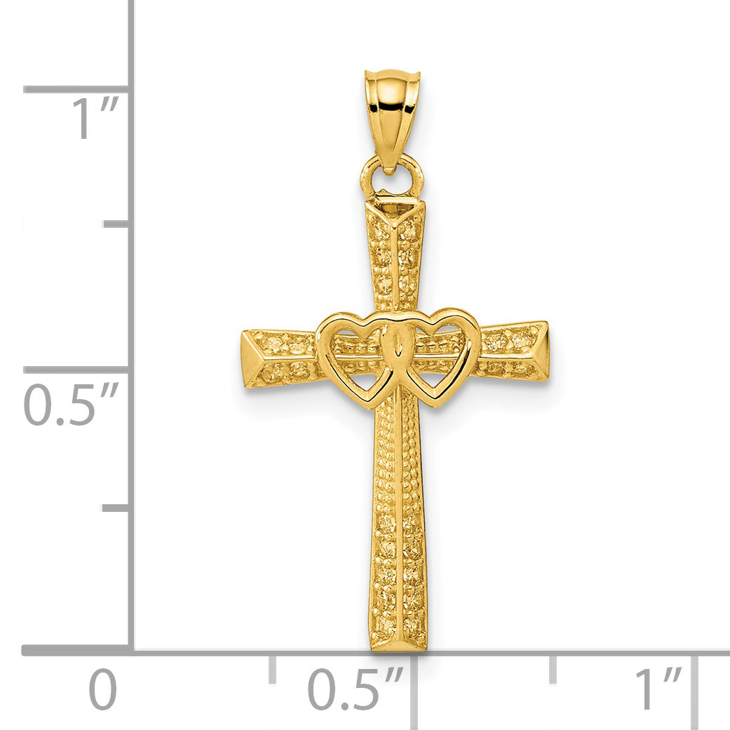 Cross Pendant with Double Hearts and Zirconias 14K