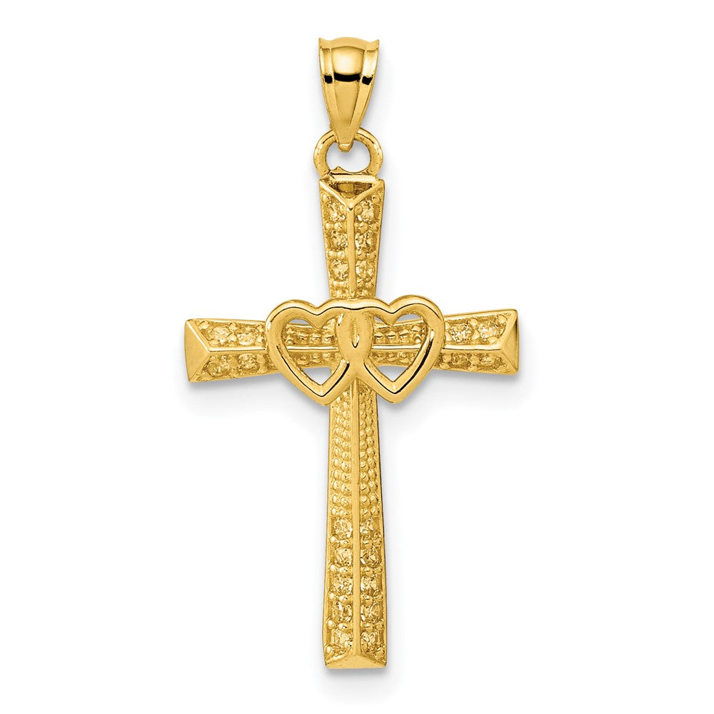 Cross Pendant with Double Hearts and Zirconias 14K