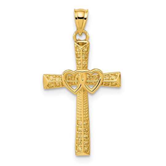 Cross Pendant with Double Hearts and Zirconias 14K