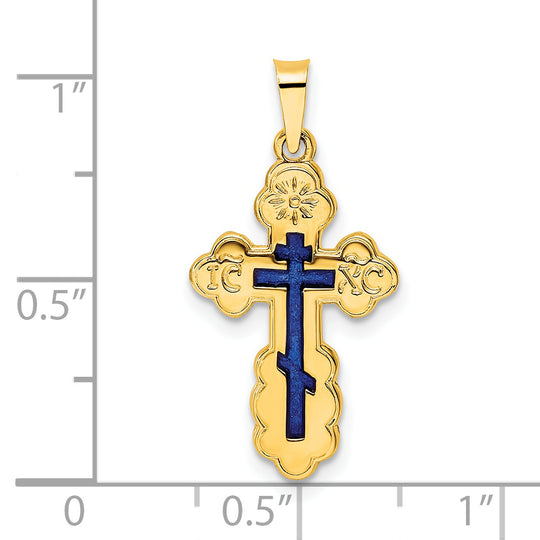 Polished Solid 14k Yellow Gold Eastern Orthodox Cross Pendant with Blue Enamel