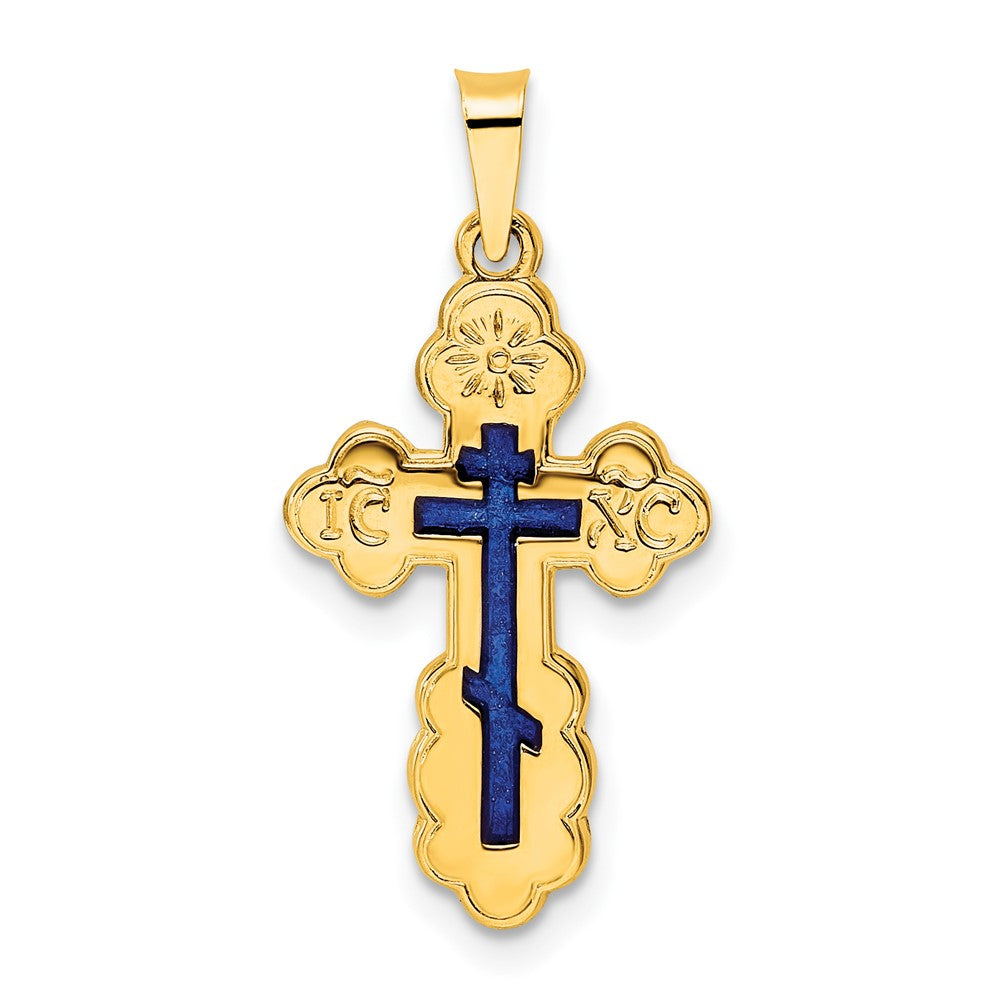 Polished Solid 14k Yellow Gold Eastern Orthodox Cross Pendant with Blue Enamel