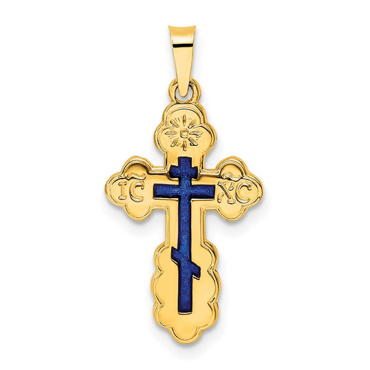 Polished Solid 14k Yellow Gold Eastern Orthodox Cross Pendant with Blue Enamel