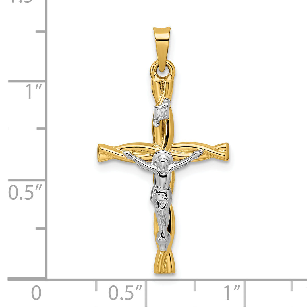 Hollow and Twisted Inri Cross Pendant in Polished 14k Two-Tone Gold