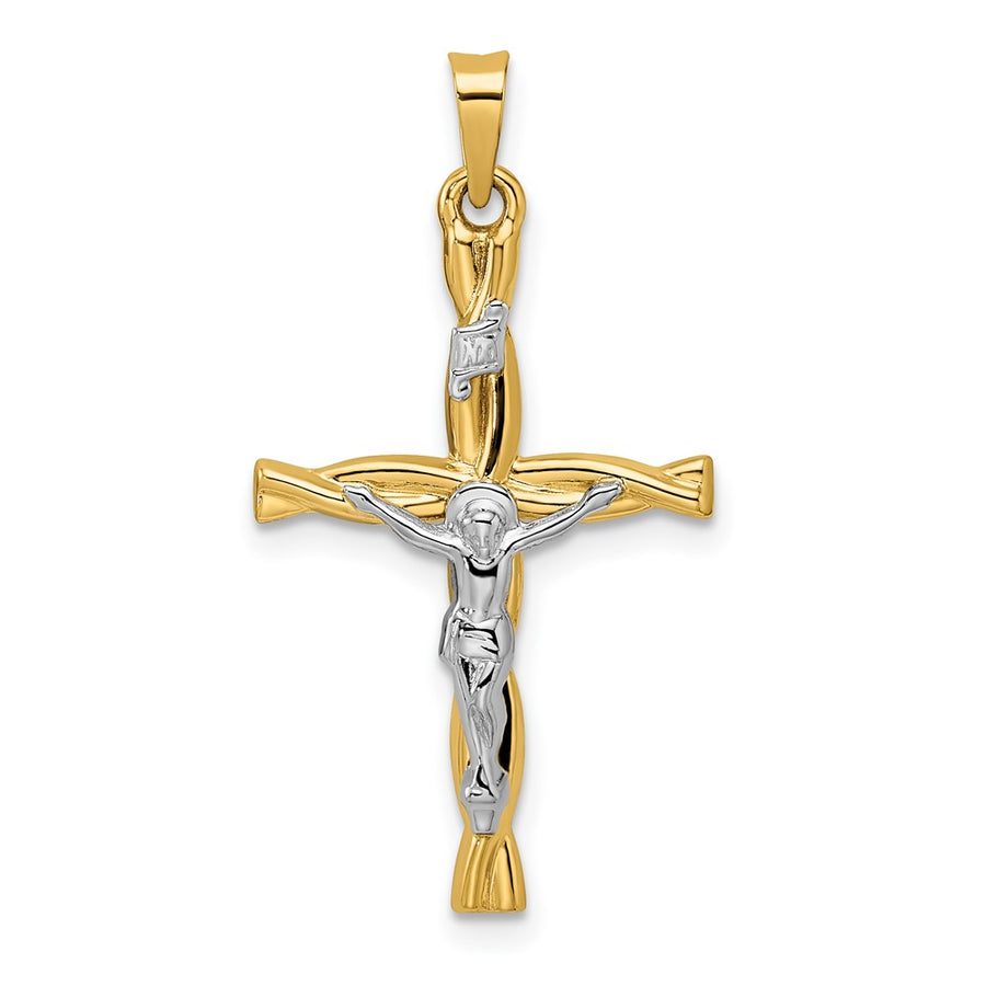 Colgante de Cruz Inri Hueco y Retorcido en Oro Bicolor Pulido de 14k