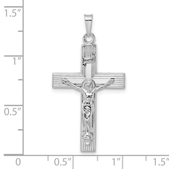Solid 14K White Gold Striped INRI Crucifix Pendant