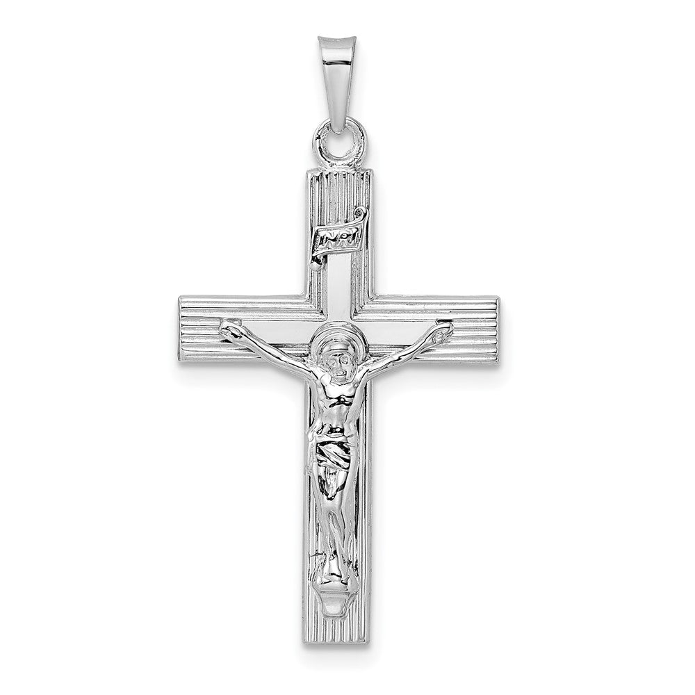 Solid 14K White Gold Striped INRI Crucifix Pendant