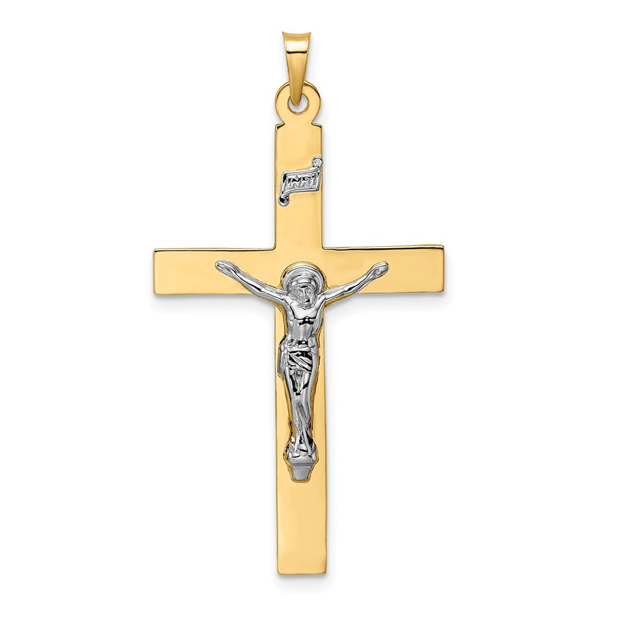 Colgante Crucifijo INRI Sólido Pulido de Oro 14K Bicolor