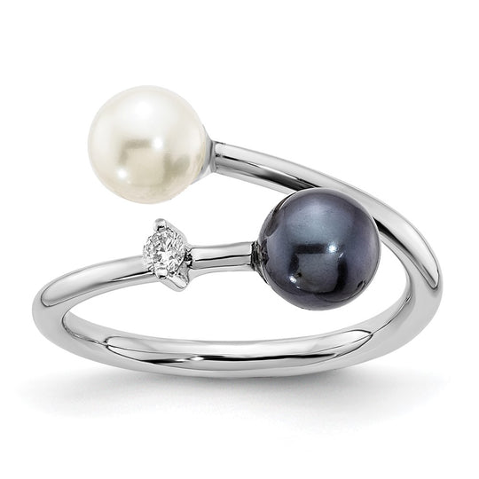 Anillo Ajustable con Perla Akoya Salina Negra y Blanca de 5-6mm y
