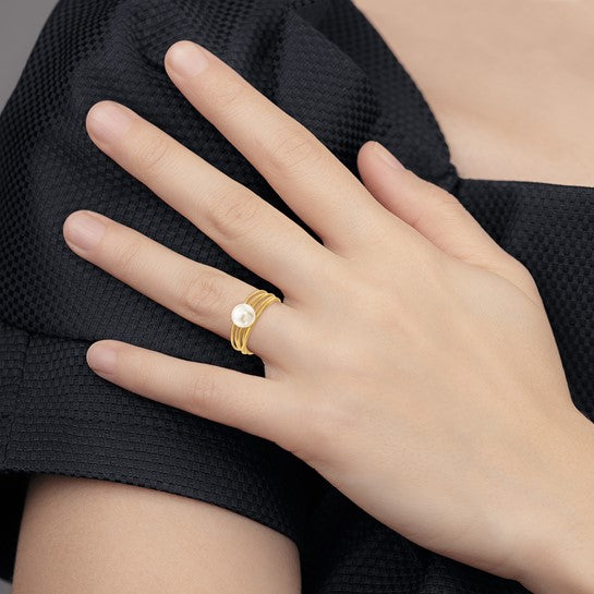 14k Yellow Gold Ring with Round Freshwater Cultured Pearl (7-8 mm) and Brushed Finish