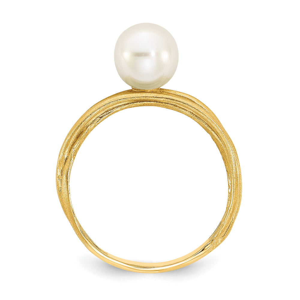 14k Yellow Gold Ring with Round Freshwater Cultured Pearl (7-8 mm) and Brushed Finish