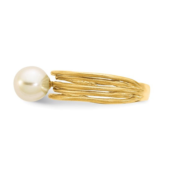 14k Yellow Gold Ring with Round Freshwater Cultured Pearl (7-8 mm) and Brushed Finish