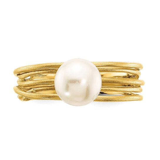 14k Yellow Gold Ring with Round Freshwater Cultured Pearl (7-8 mm) and Brushed Finish