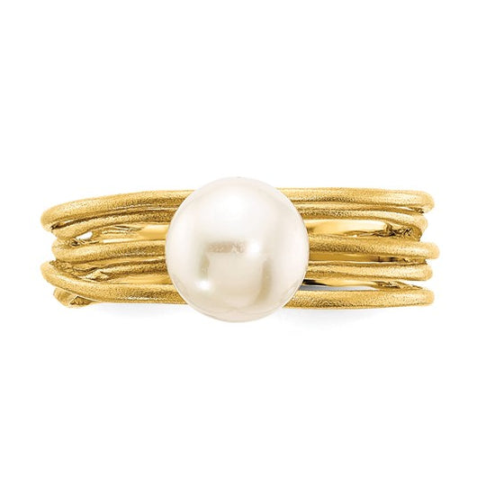 14k Yellow Gold Ring with Round Freshwater Cultured Pearl (7-8 mm) and Brushed Finish