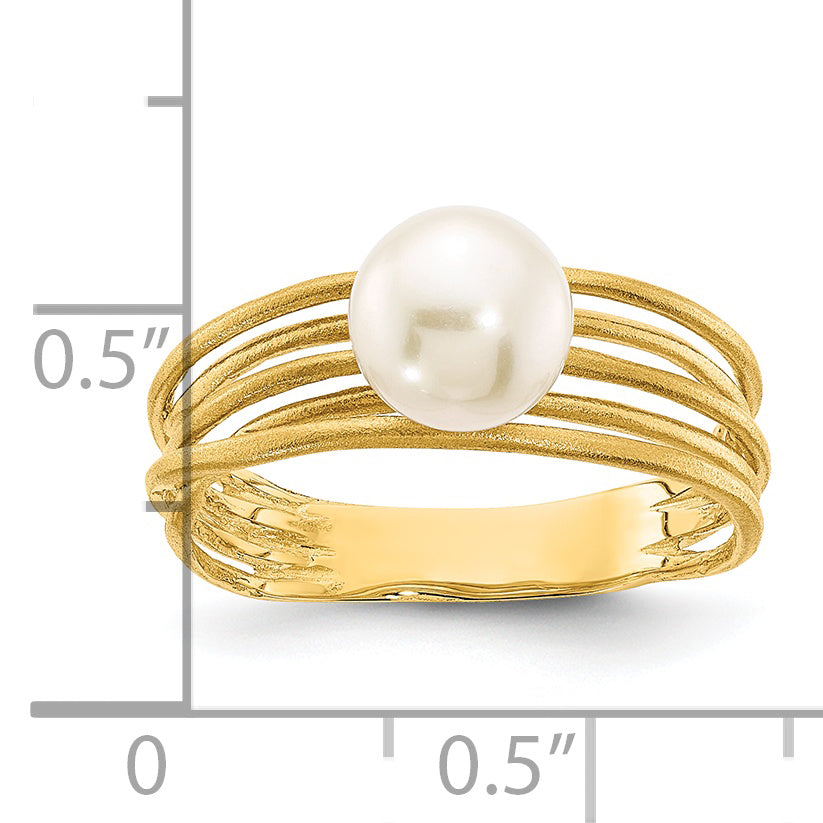 14k Yellow Gold Ring with Round Freshwater Cultured Pearl (7-8 mm) and Brushed Finish