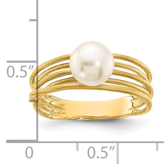 14k Yellow Gold Ring with Round Freshwater Cultured Pearl (7-8 mm) and Brushed Finish