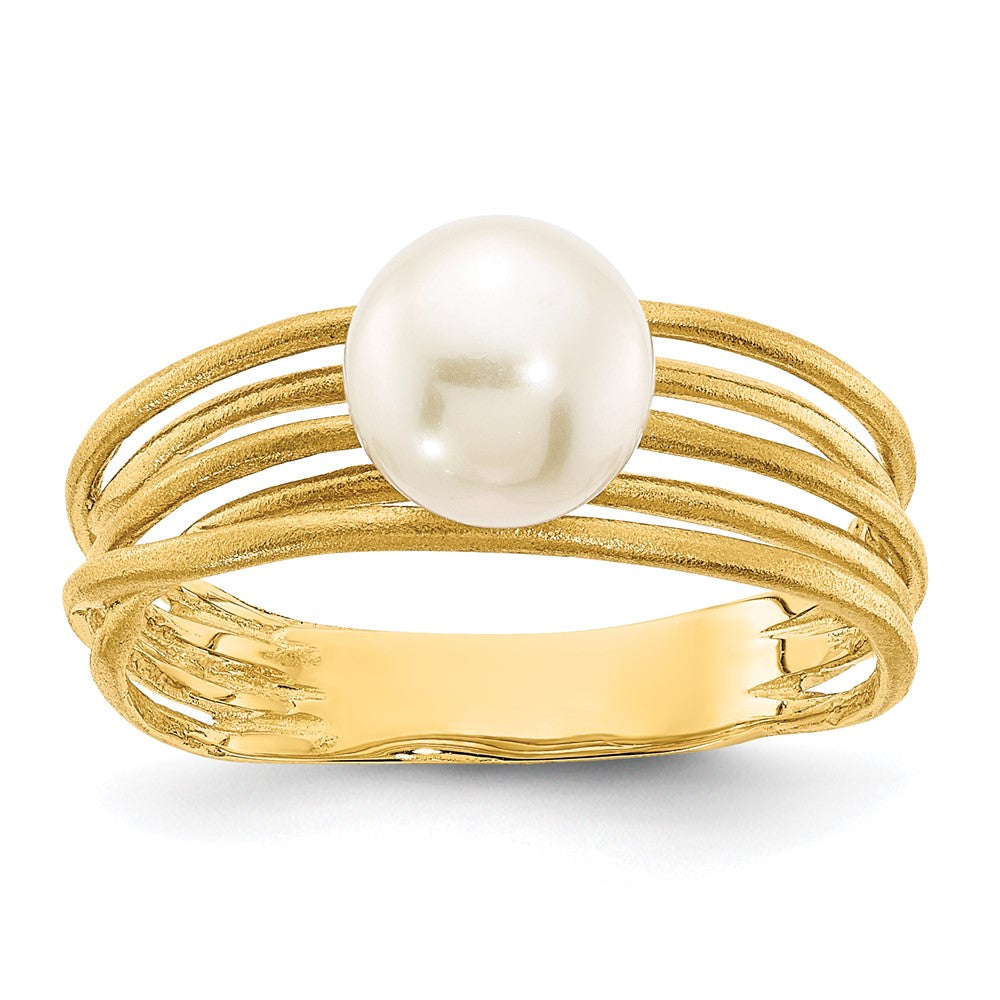 14k Yellow Gold Ring with Round Freshwater Cultured Pearl (7-8 mm) and Brushed Finish