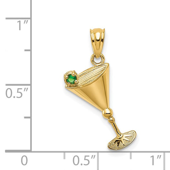 Martini Glass Pendant with Green Olive CZ in 14K Yellow Gold