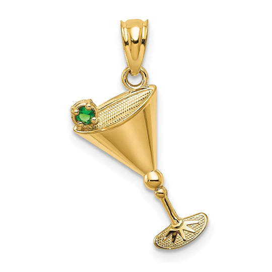 Martini Glass Pendant with Green Olive CZ in 14K Yellow Gold