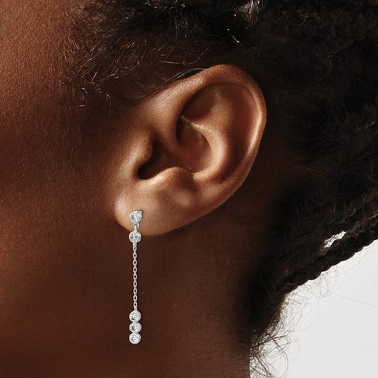 14K White Gold CZ Chain Drop Earrings