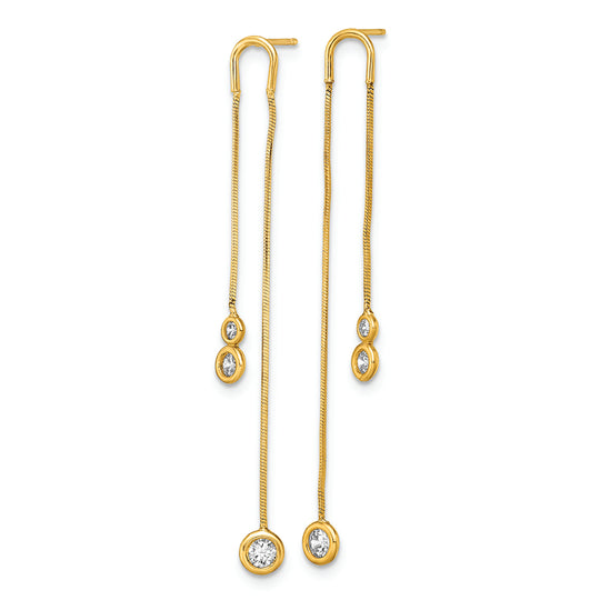 Aretes Colgantes de Cadena Doble con CZ Pulidos de Oro Amarillo de 14K