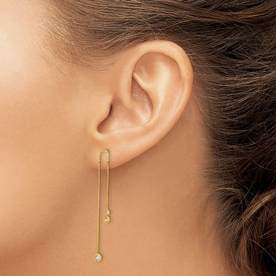 Aretes Colgantes de Cadena Doble con CZ Pulidos de Oro Amarillo de 14K