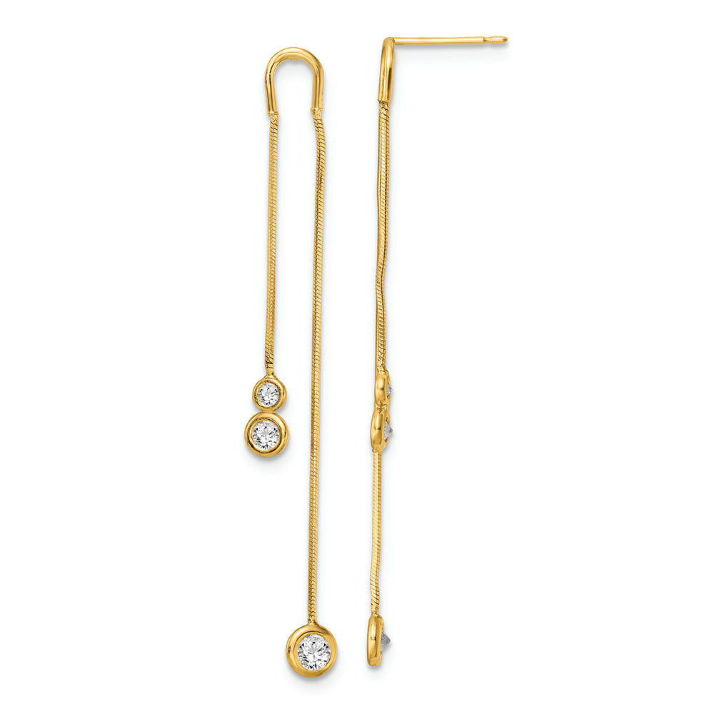 14K Yellow Gold Polished CZ Double Chain Drop Earrings