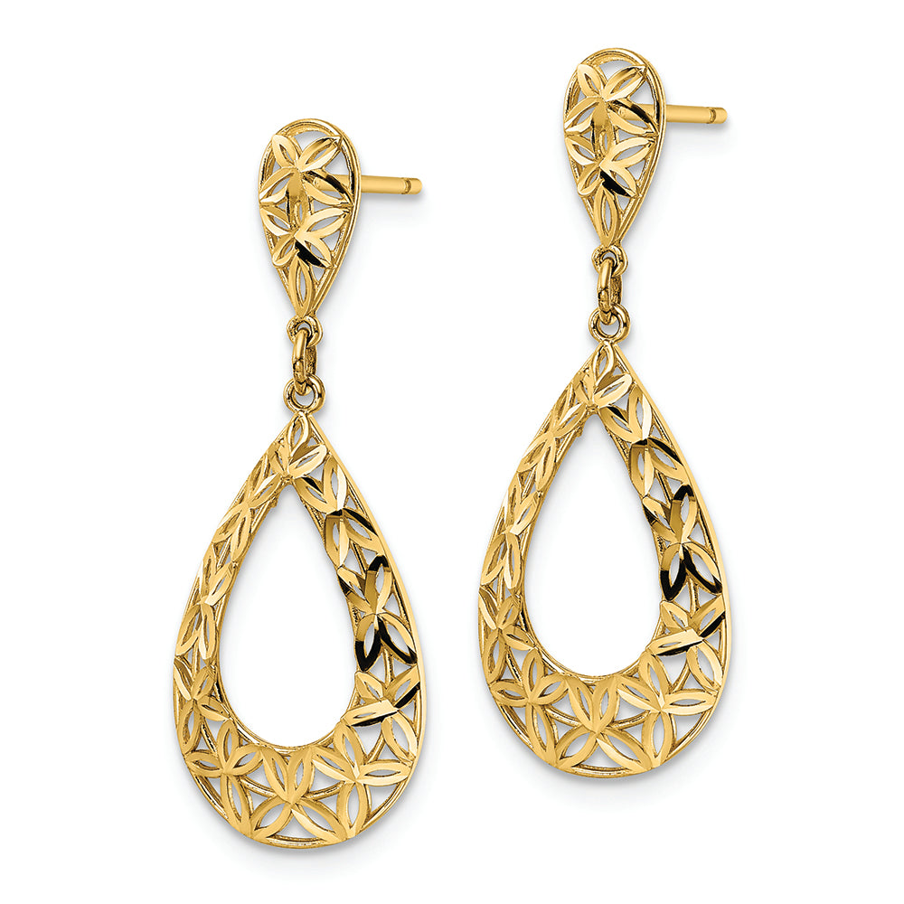 Aretes Colgantes de Oro Amarillo de 14K con Corte Diamantado y Cierre de Poste