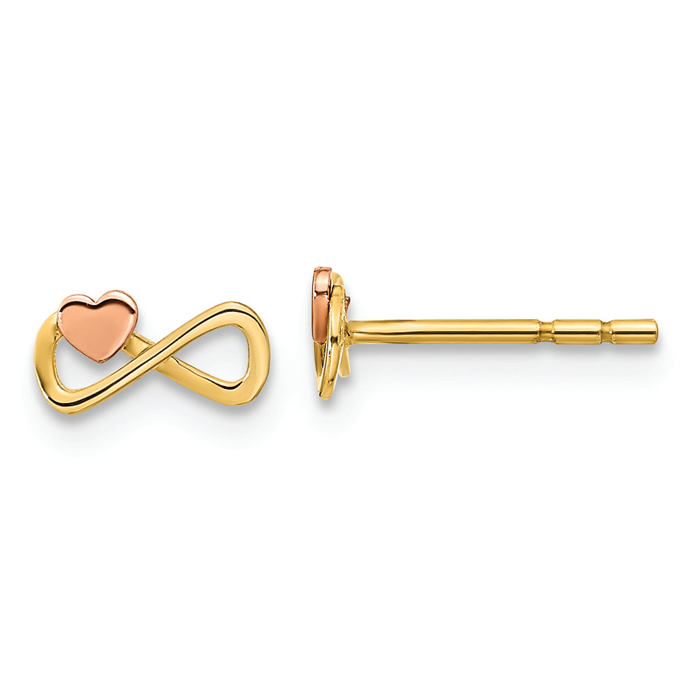 Pendientes de Botón en Oro Bicolor de 14k con Corazón y Símbolo de Infinito