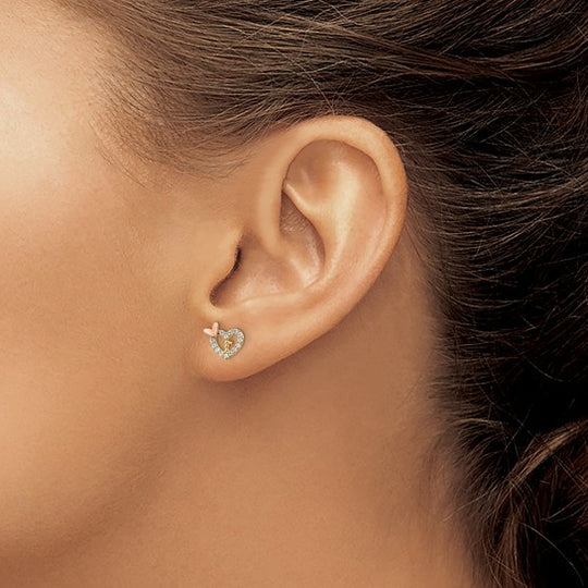 Pendientes de Corazón con Circonitas y Mariposa en Dos Tonos de 14k con Cierre Post