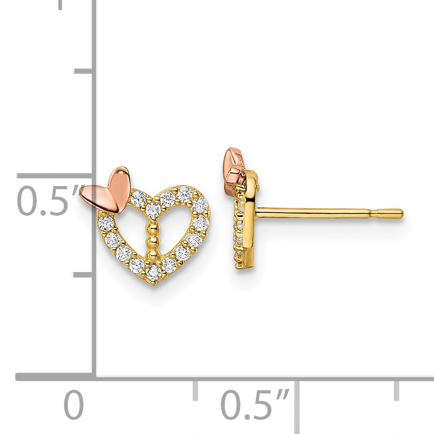 Pendientes de Corazón con Circonitas y Mariposa en Dos Tonos de 14k con Cierre Post
