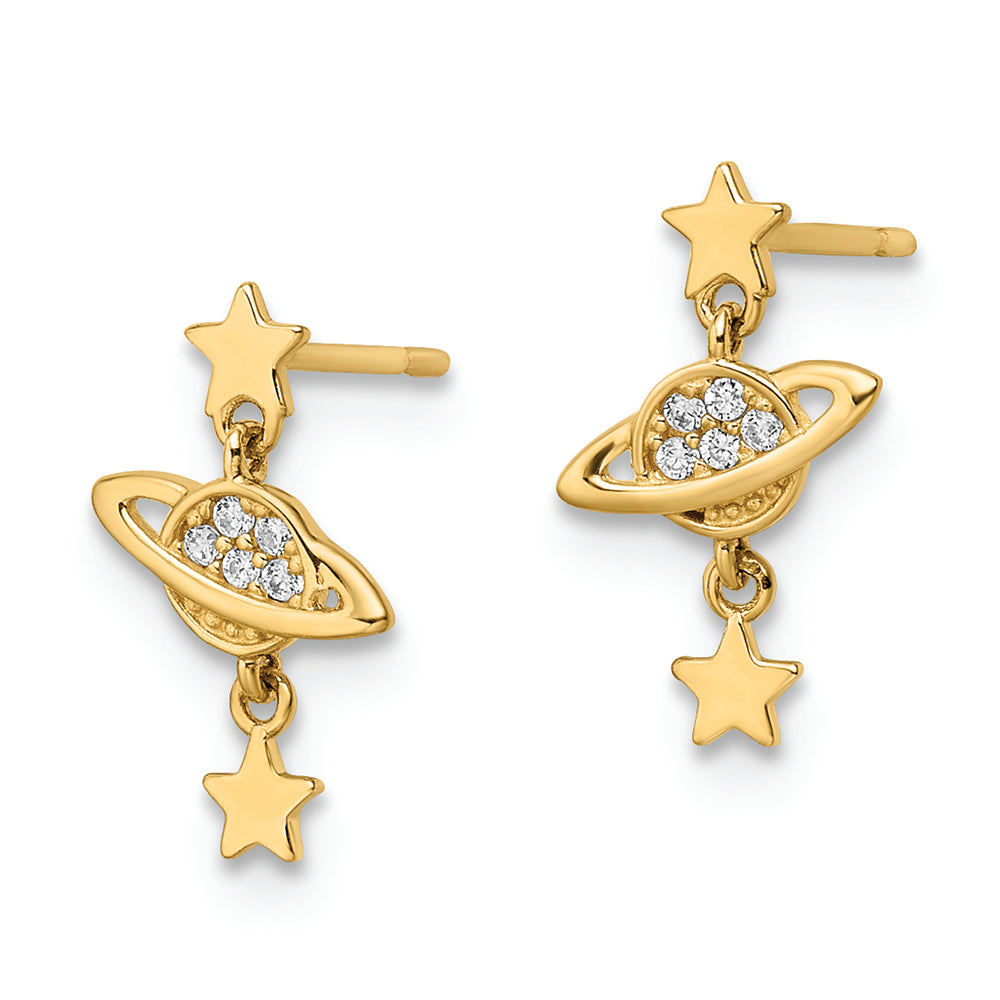 Pendientes Colgantes de Oro Amarillo de 14k con Zirconia Cúbica (CZ) de Diseño de Saturno y Estrellas