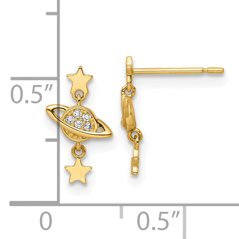 Pendientes Colgantes de Oro Amarillo de 14k con Zirconia Cúbica (CZ) de Diseño de Saturno y Estrellas