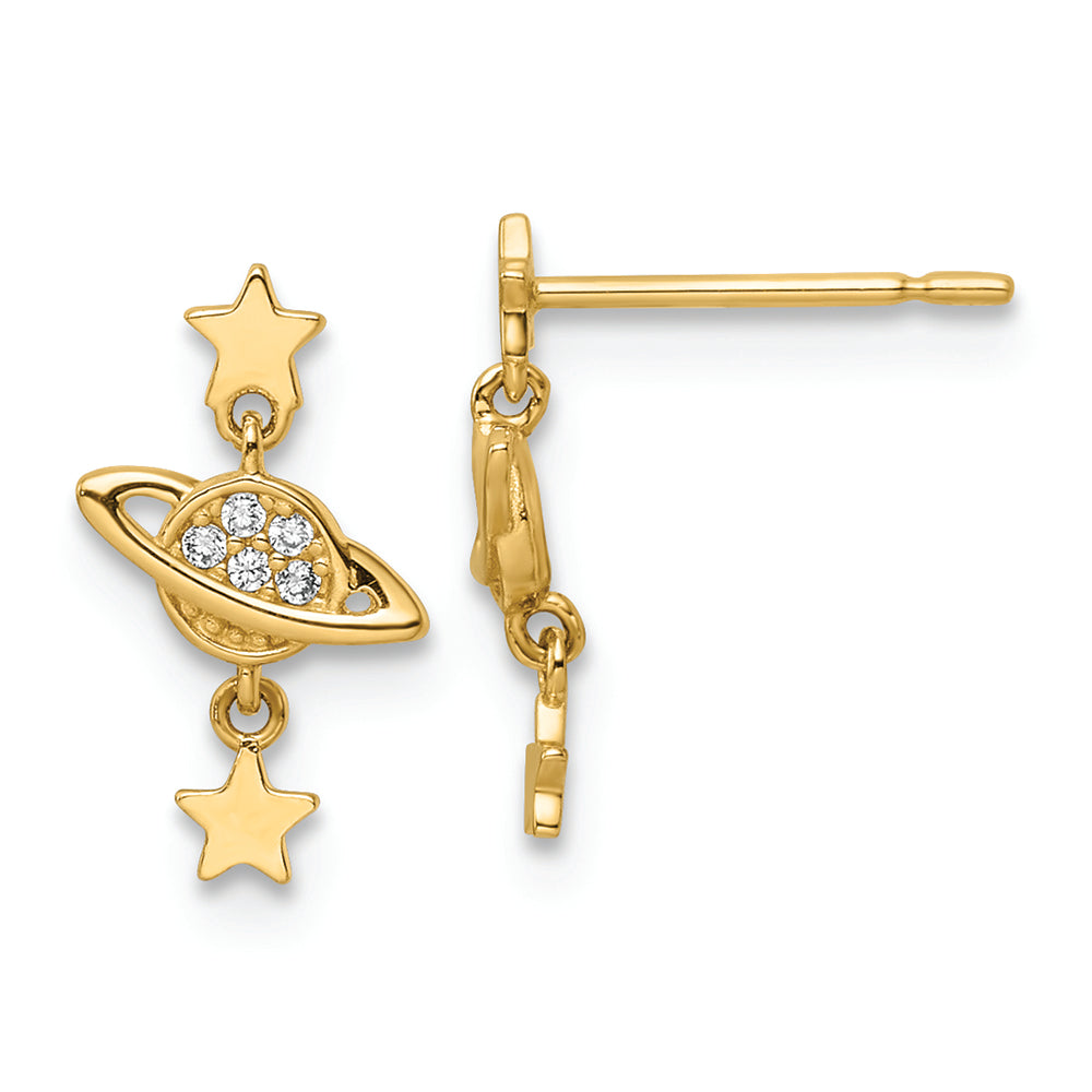 Pendientes Colgantes de Oro Amarillo de 14k con Zirconia Cúbica (CZ) de Diseño de Saturno y Estrellas