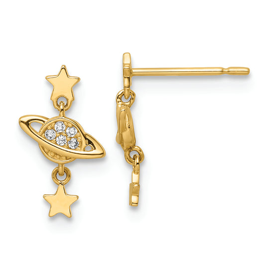 Pendientes Colgantes de Oro Amarillo de 14k con Zirconia Cúbica (CZ) de Diseño de Saturno y Estrellas