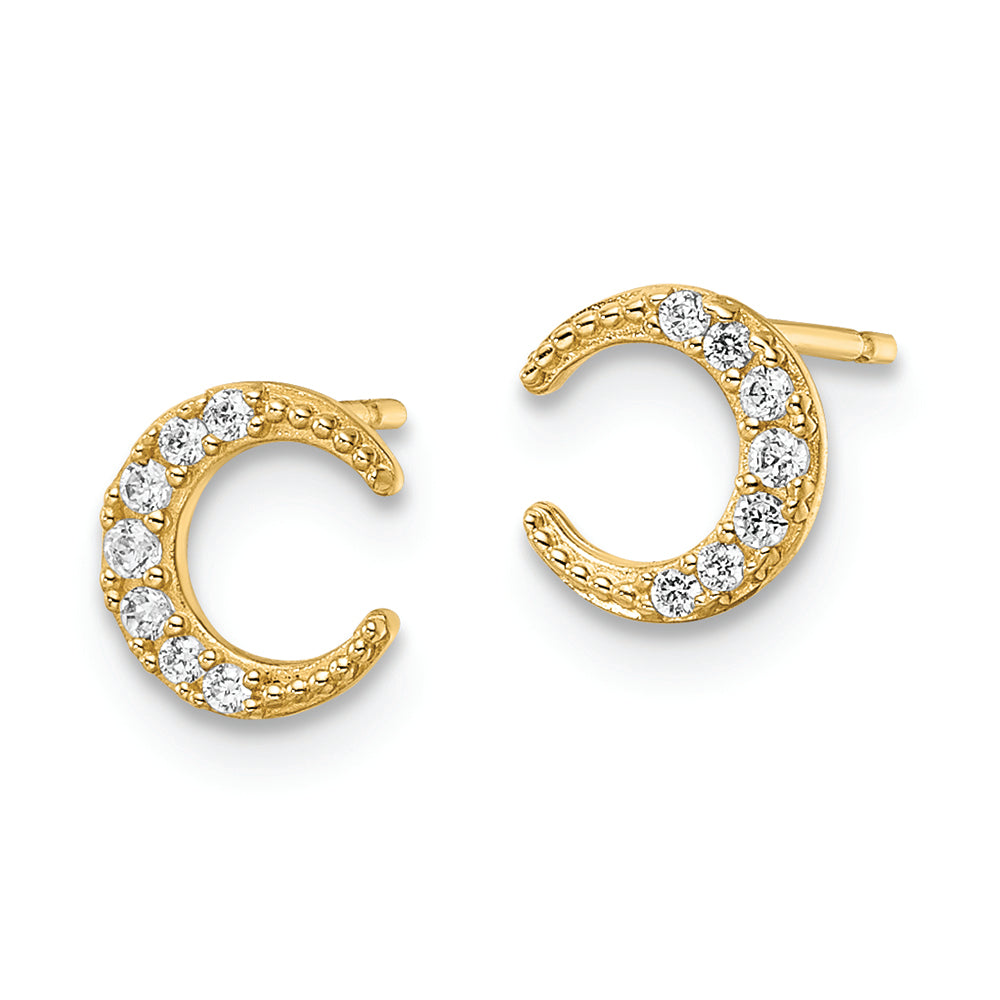 Pendientes de Botón de Oro Amarillo de 14k con Circonitas Cúbicas (CZ) en Forma de Luna