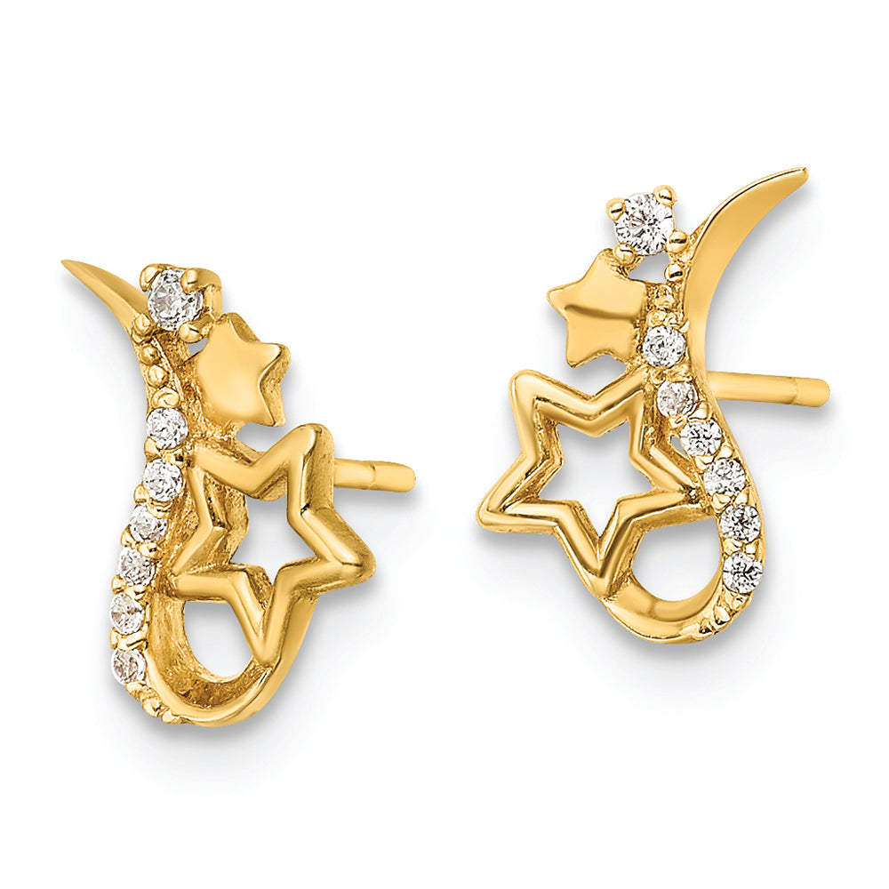 Pendientes de Botón de Oro Amarillo de 14k Pulido con Estrellas y Circonitas Cúbicas (CZ)